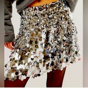 Free People Can’t Get Enough Asymmetrical Silver Sequined Skirt Sz 2